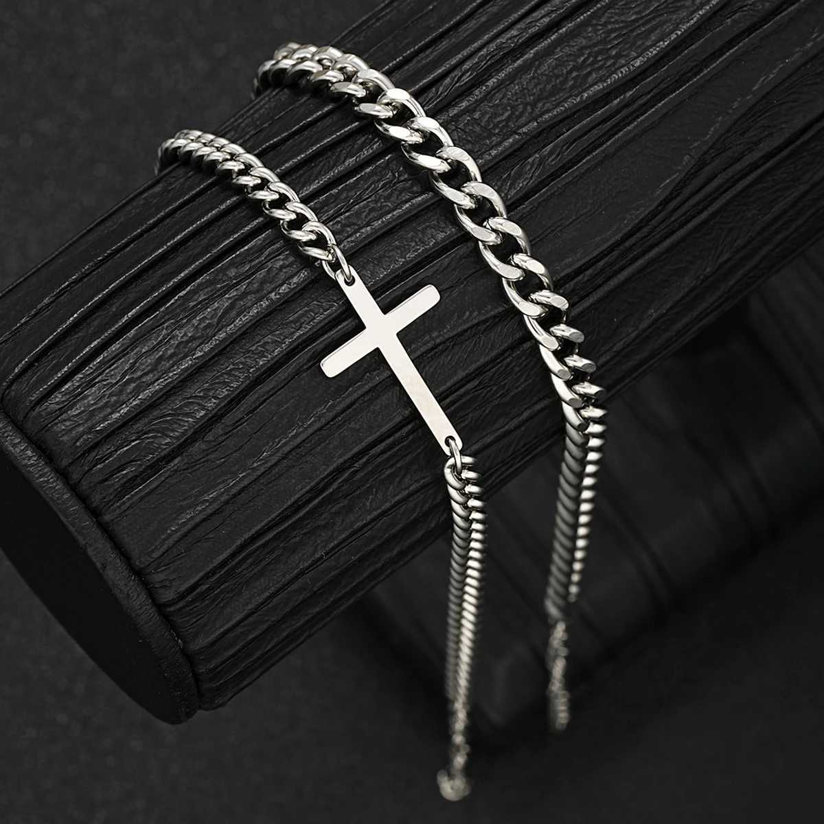 2024 New Stainless Steel Cross Cuban Chain Bracelet Set for Mens Hip Hop Punk Snake Chain Bracelet Fashion Neutral Jewelry Gift Y250329
