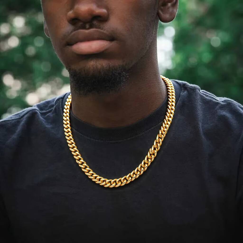 Wholesale 14K Gold Plated Stainless Steel Hip Hop Cuban Link Insert Clasp Butterfly Buckle Big Cuban Chain Necklace