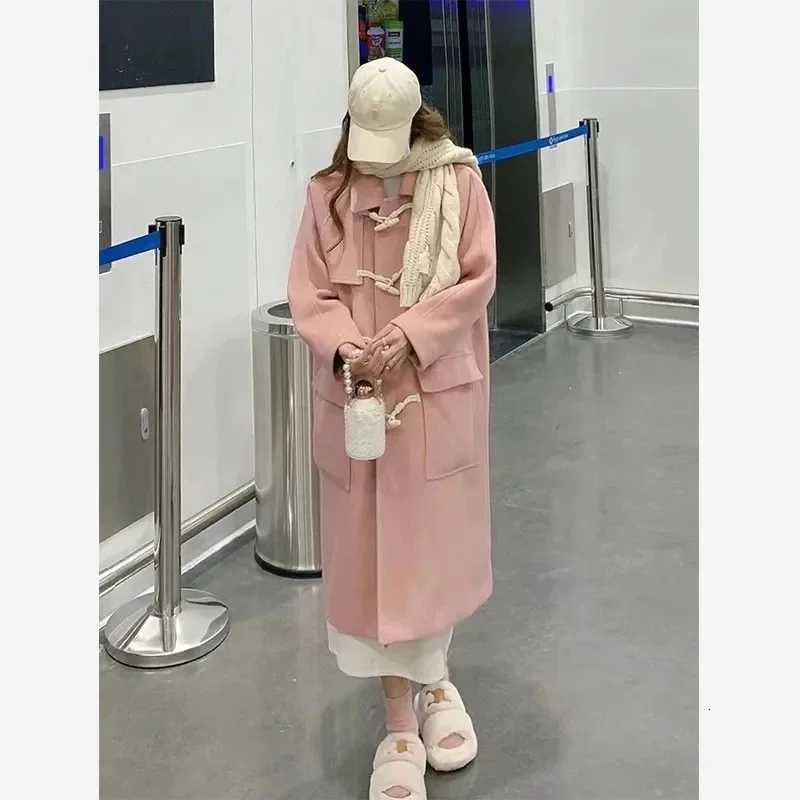 Pink Horn Button Tweed Jacket Women Winter New Japanese Loose Thickened Mid Length Wool Coat Female Casual Sweet Versatile CoatT251101