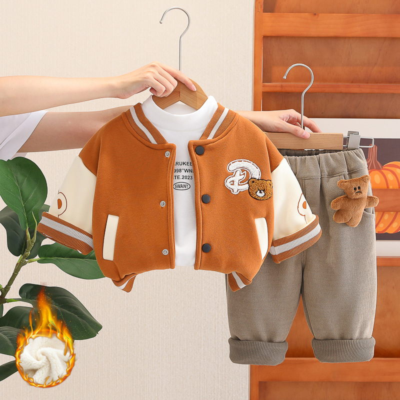 2025 Boys 3-Piece Set Fleece Lined Baseball Jacket Outfit Embroidered Bear Design Winter Thermal Kids Clothes