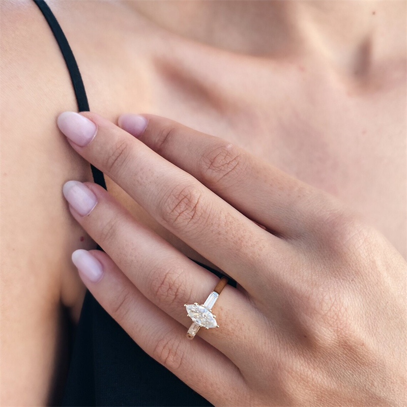 Jewelry Real Yellow Gold 1.0 Carat Marquise Cut E VS1 With Bauguette Womens Engagement Ring For Women 14K Yellow Gold Wedding Gold Ring