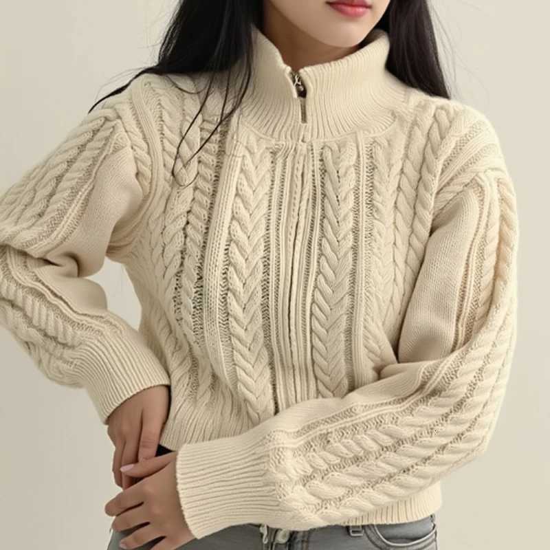 New Fahsion Fall Zipper Long Sleeve Knitted Top Korean Style Cardigan Women Sweaters Winter Elegant Short Coat Casual KnitwearT251101