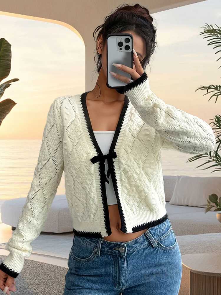 New Fashion Bow Tie Cardigan Sweater VNeck LongSleeved Knitwear Jacket Elegant Casual Womens Jacket Soft Beige Warm Loose TopT251101