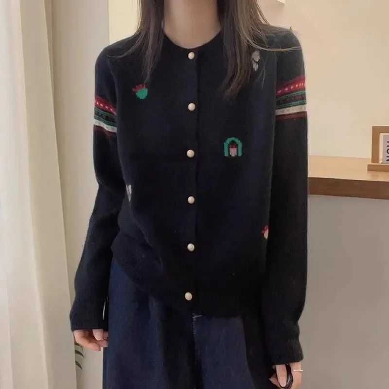 2025 Women Fashion Long Sleeves Knitted Coat Autumn Lady Casual Embroidery Sweater Jacket Korean Female Round Neck Knit CardiganT251101