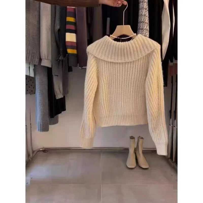 Fashion Doll Collar Knitted Cardigan Women Sweater Autumnwinter Casual Lapel Loose Long Sleeved Jacket Elegant Simple Solid TopT251101