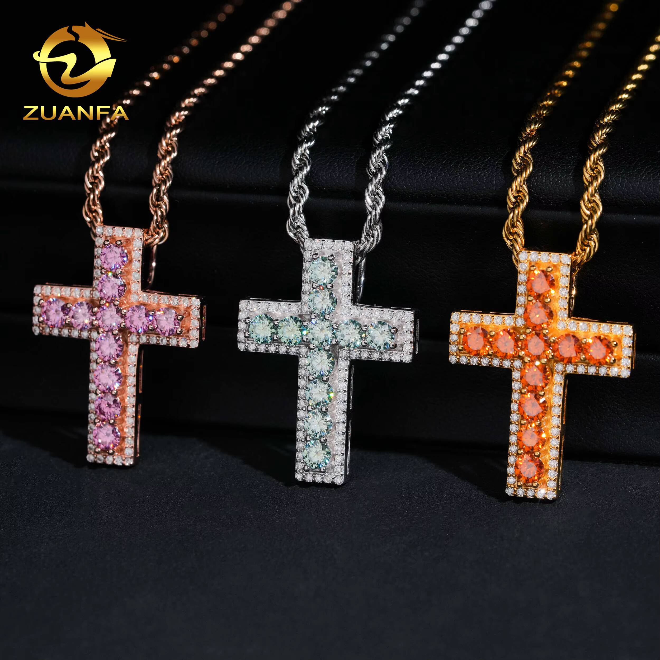 Ready to Ship Color Moissanite Hip Hop Jewelry Cross Iced Out Pendant Sterling Silver 925 Moissanite Charm Pendant
