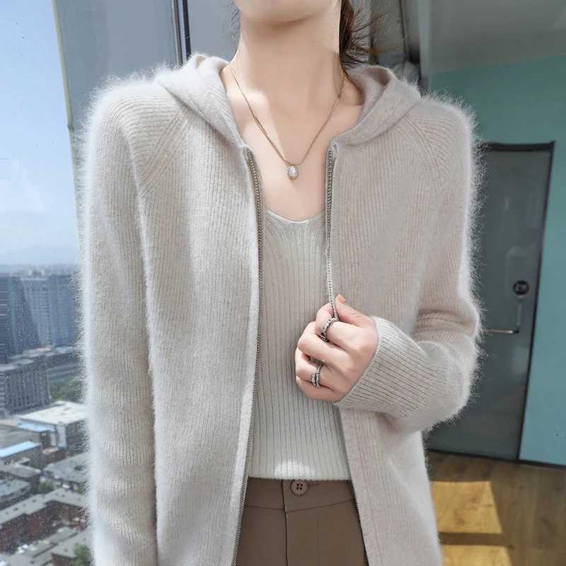 100 Pure Mink Cashmere Zipper Cardigan Womens Hooded Neck Knit Coat Hoodie Casual Loose Jacket Winter Long Sleeve Thicken TopsT251101