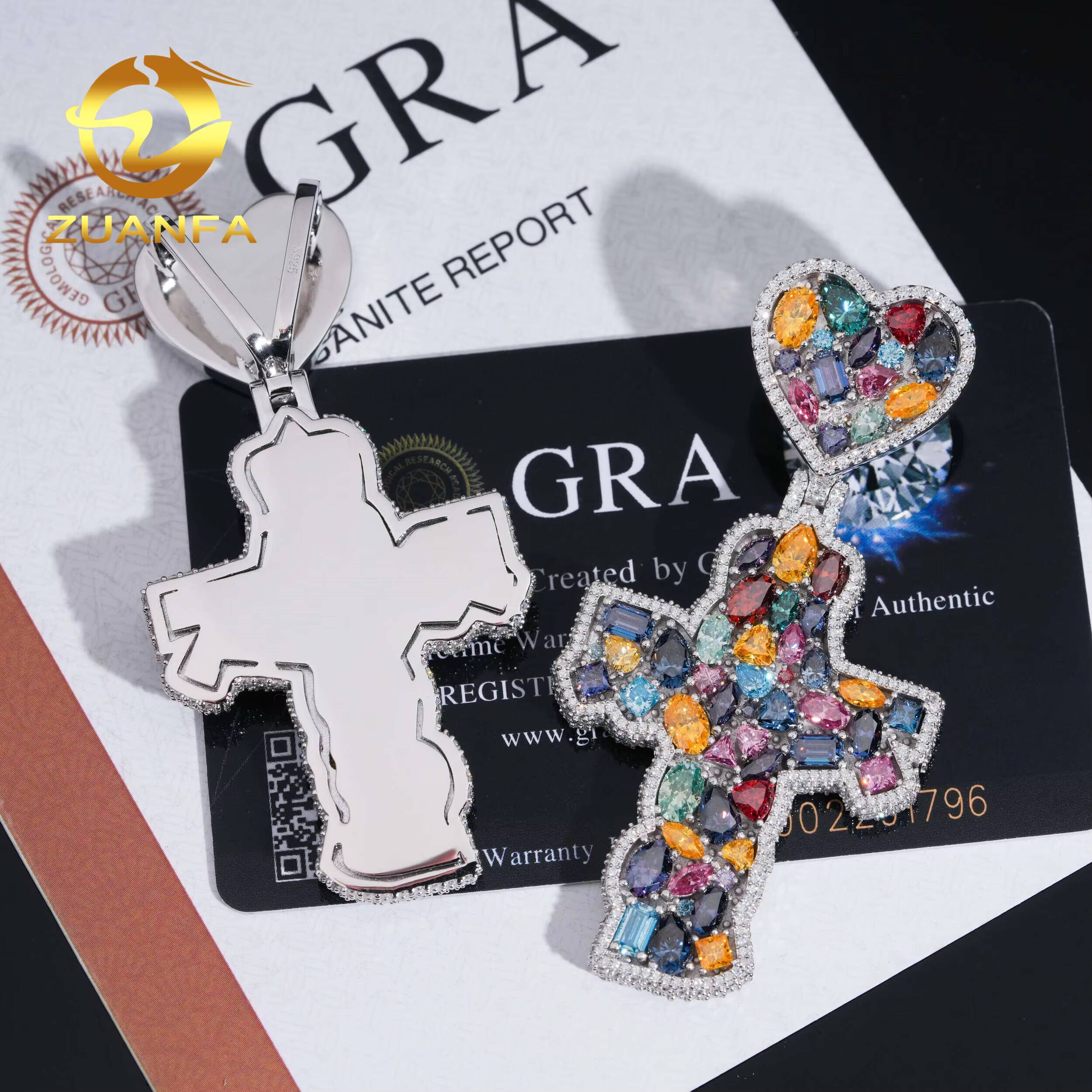 Solid 925 Silver Multicolor Moissanite Diamond Cross Pendant With Heart Bail Hip Hop Pendant Iced Out for Necklace Chain