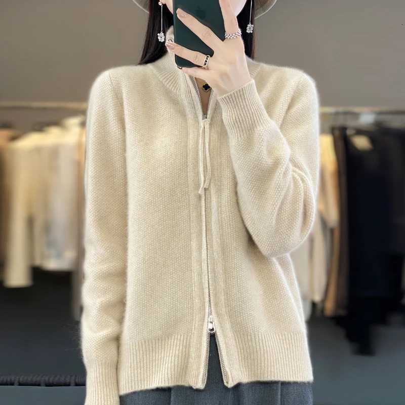 Autumn And Winter New Thick TwoWay Zipper Wool Cardigan Womens Loose Casual Sweater Solid Color Knitted Cashmere CoatT251101