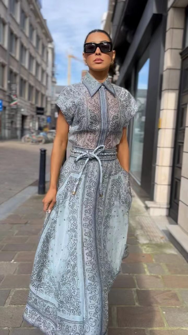 2023 Autumn/Winter New Fashion Show Printed Positioning Two Piece Set High End Shirt Top Tie Up Long Half Skirt