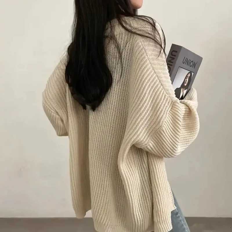 Fashion Korean Autumn Winter Solid Color Knitted Cardigan Casual Loose Oversize Sweater Jacket Office Lady Knitted CardiganT251101