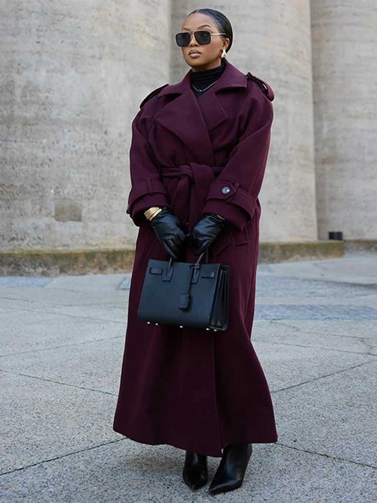 Elegant Womens Burgundy Woolen Overcoat With Belt Lapel Double Breasted Full Sleeve Long Coat 2025 Autumn Winter Lady OutwearT251101