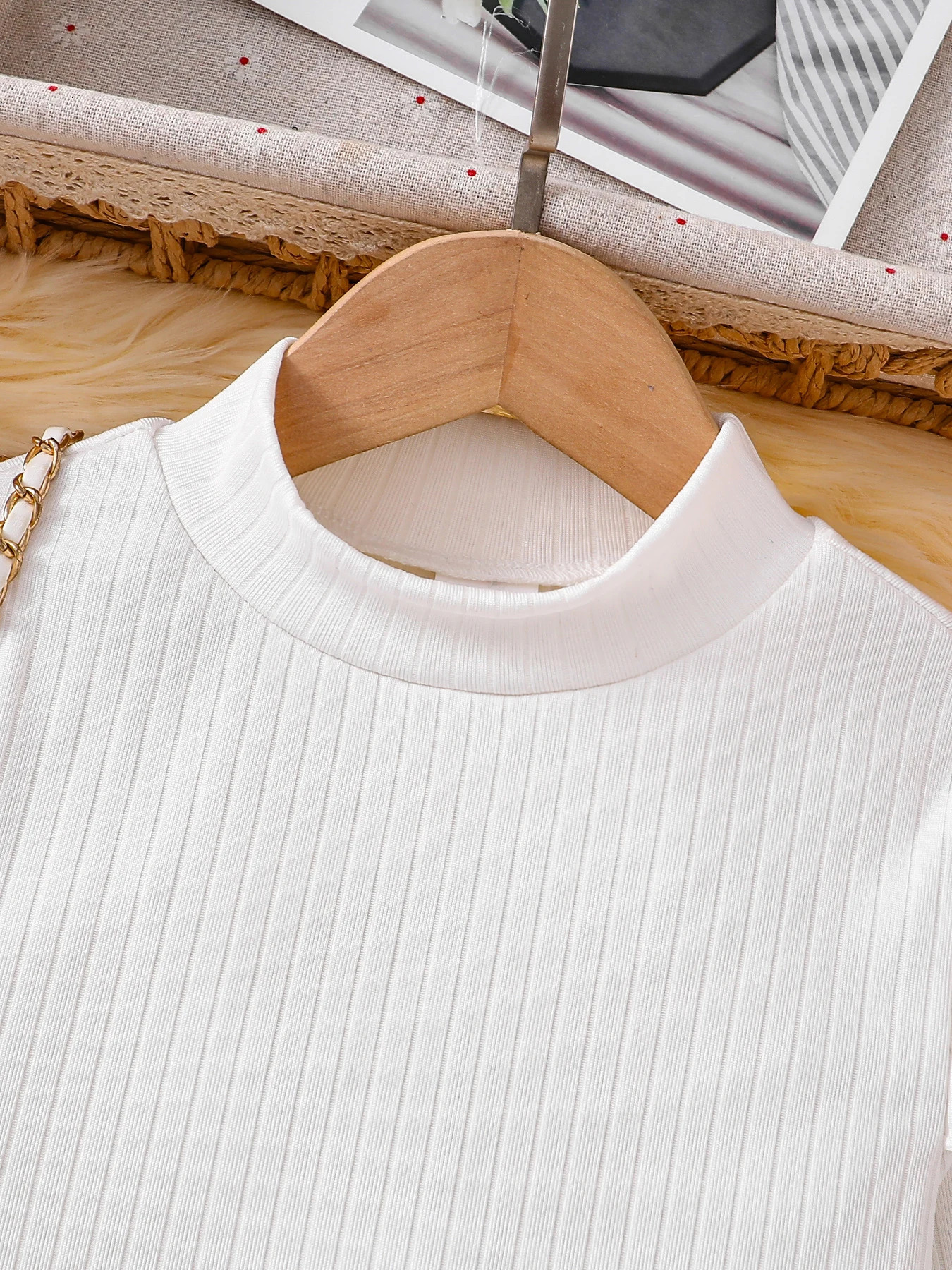 Spring and Autumn Childrens 2piece Fashion Casual Clothing White High Collar Long Sleeve Flight Pajama TopSolid Color Aline Skiboard 250325z