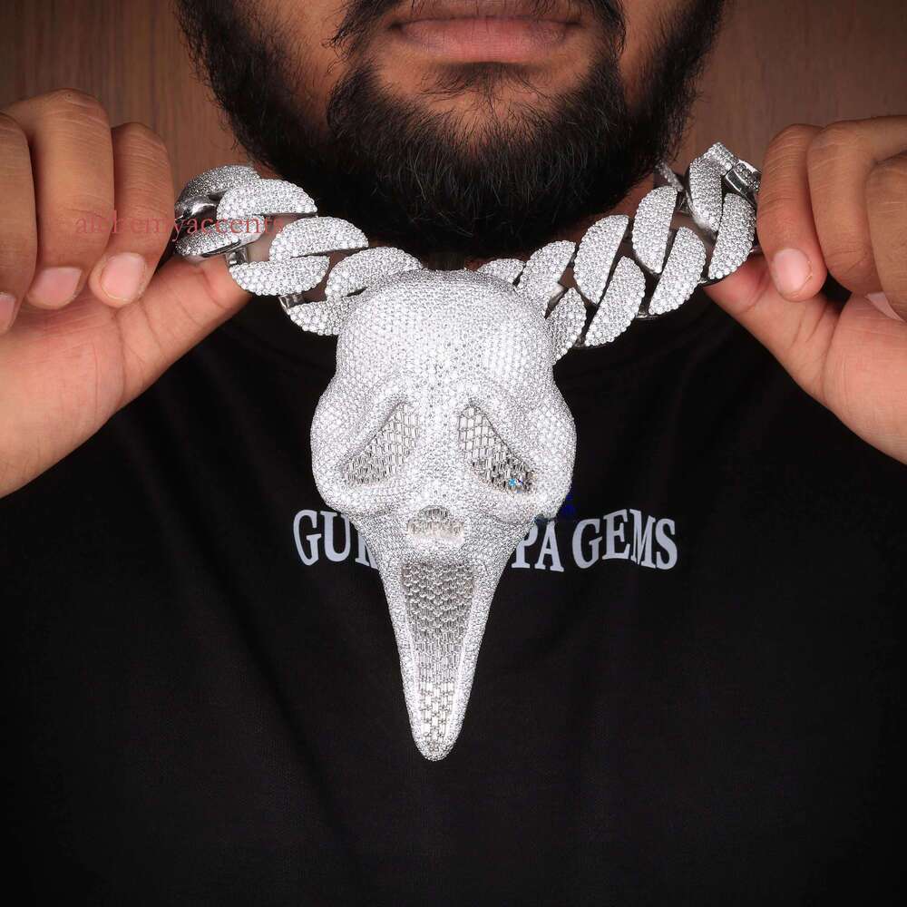 Moissanite Ghost Face Pendant Cuban Chain Iced Out Hip Hop Necklace in 925 Silver Custom Bling Jewelry for Men
