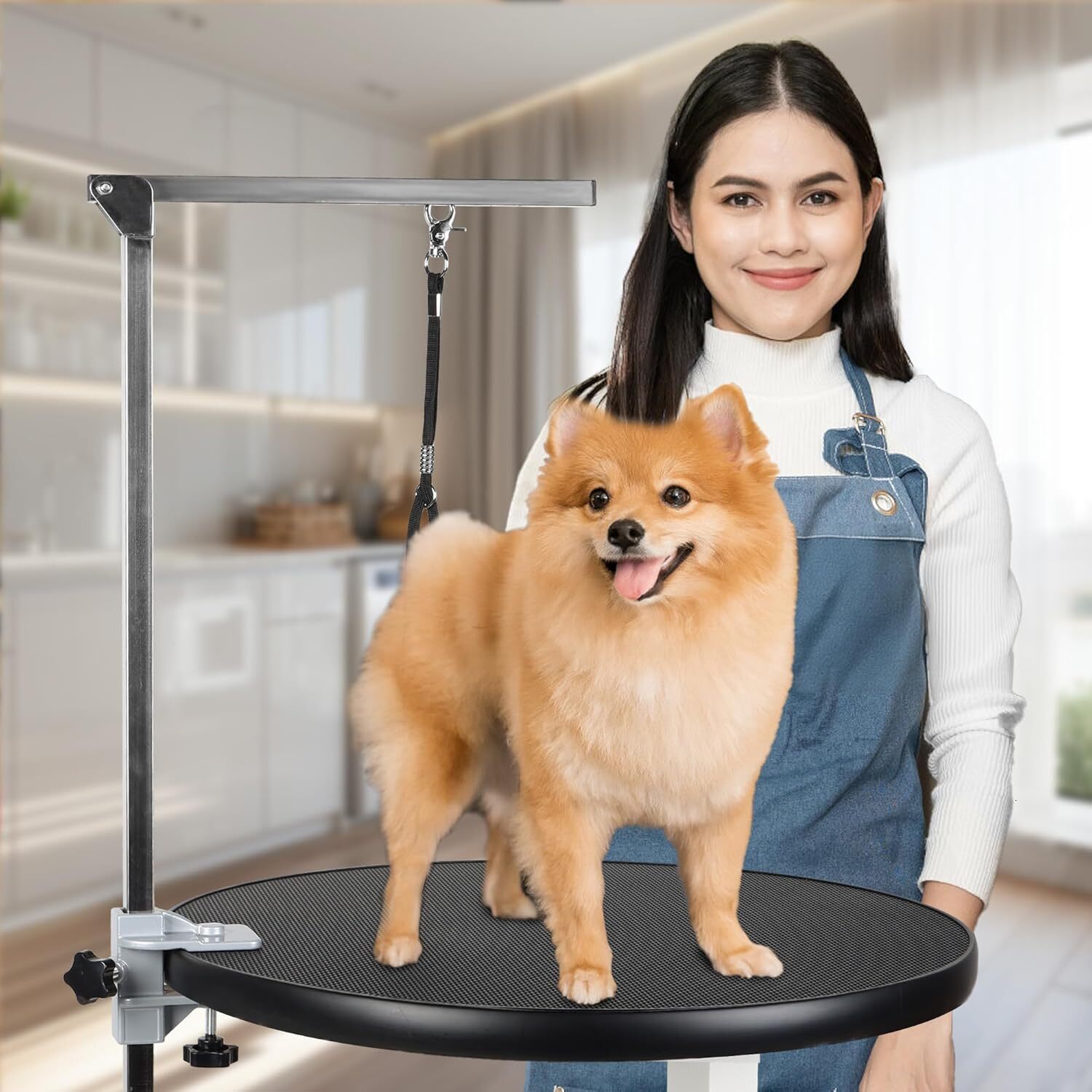 DiDiBirDi 23 inch (approximately 58.6 cm) pet grooming table, pneumatic lift dog trimming station, with anti slip rubber circular rotatable tabletop, 