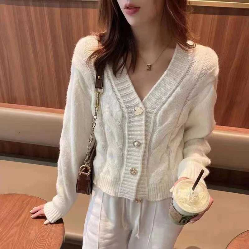 Korean Fried Dough Twists Long Sleeved Cardigan Vneck Knitting Top Womens Fashion New Casual Sweater Elegant Solid KnitwearT251101