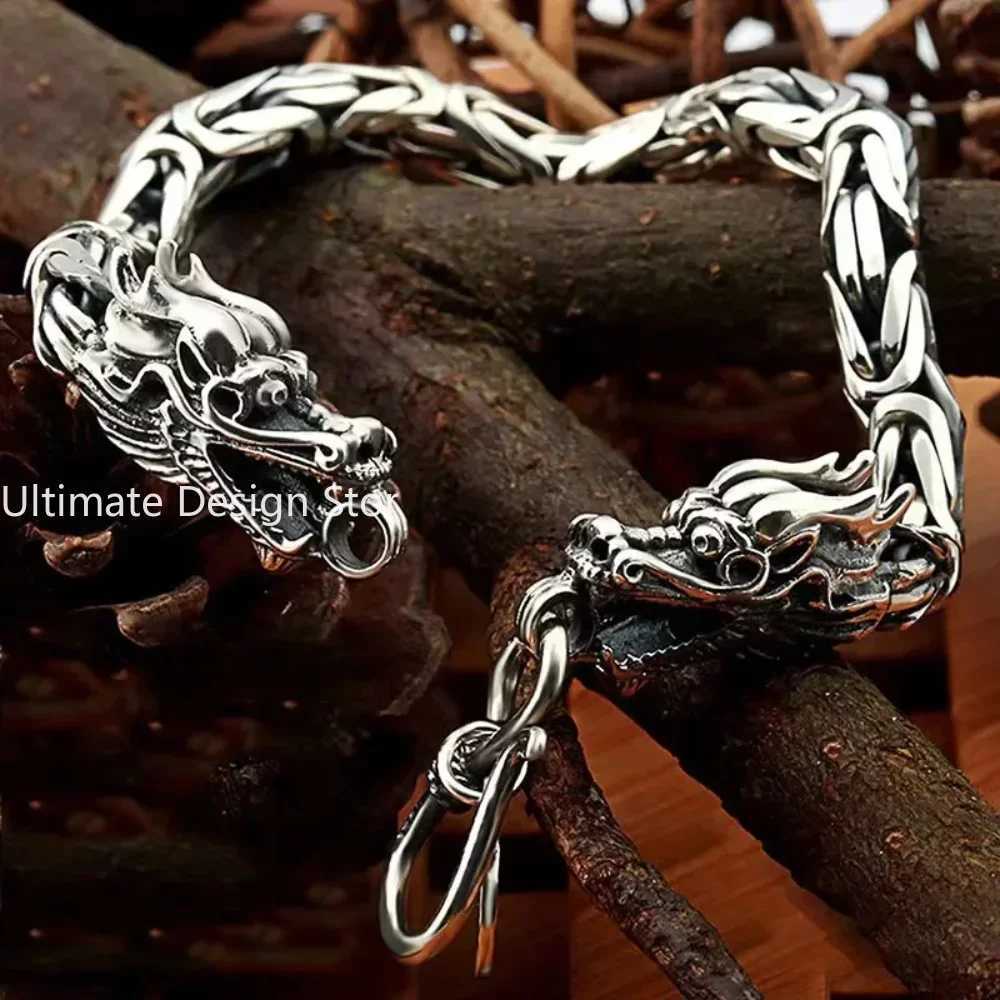 Retro Double Dragon Head Dragon Bone Bracelet Mens Dominance Personality Hip Hop Gangster Handsome Advanced Birthday Gift Y250329