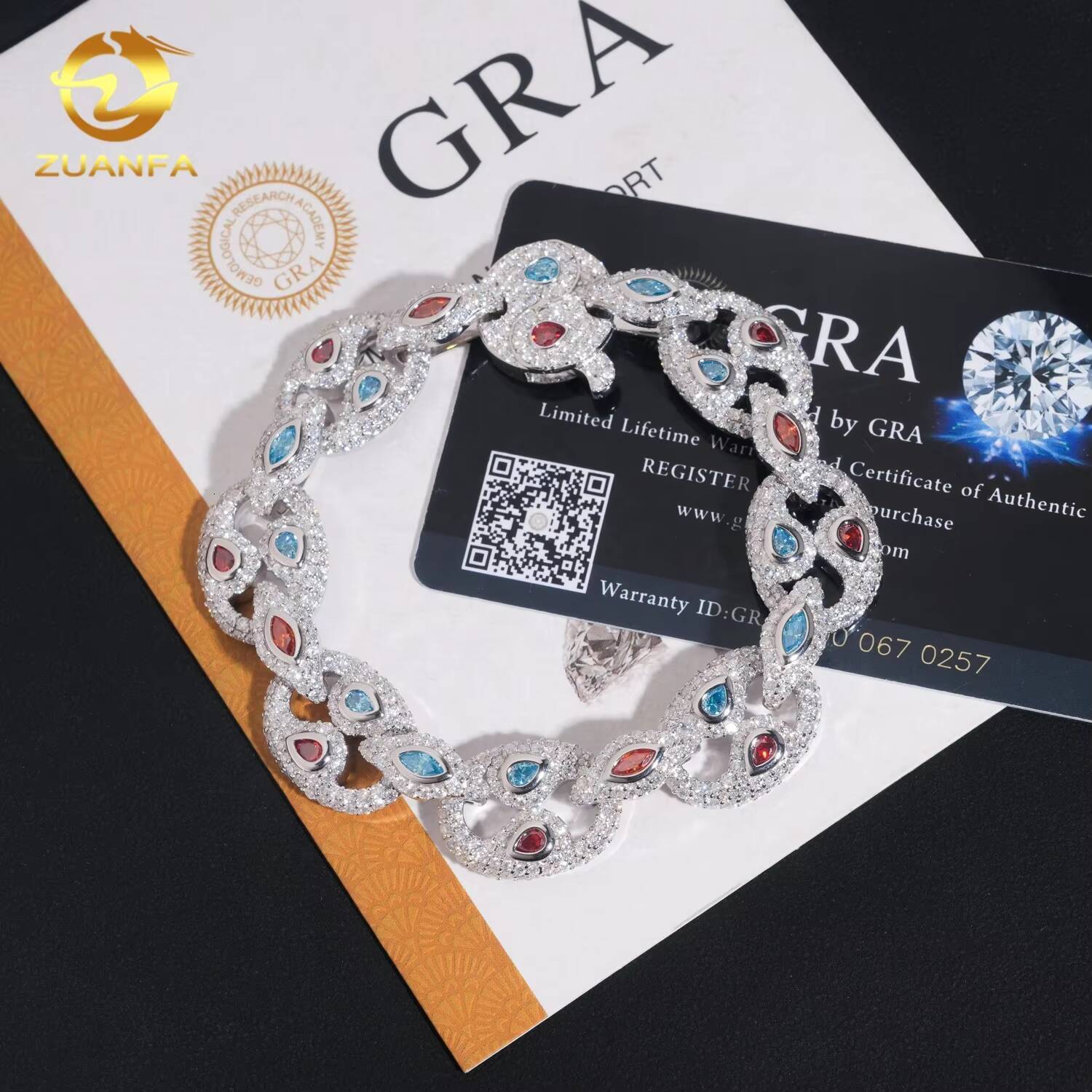 Top Quality 16mm Iced Out Color Diamond Moissanite GRA Certificate 925 Silver Hip Hop Bracelet