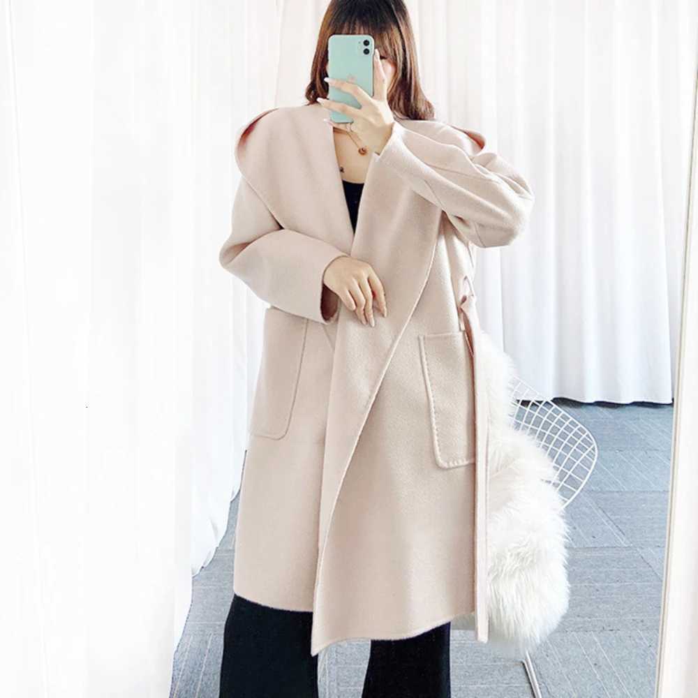 2024 Autumn New Wool Jacket Hooded Woolen Coat Women Water Ripple Cashmere Coat Female Casual Laceup Loose Wool Coat ClassicT251101