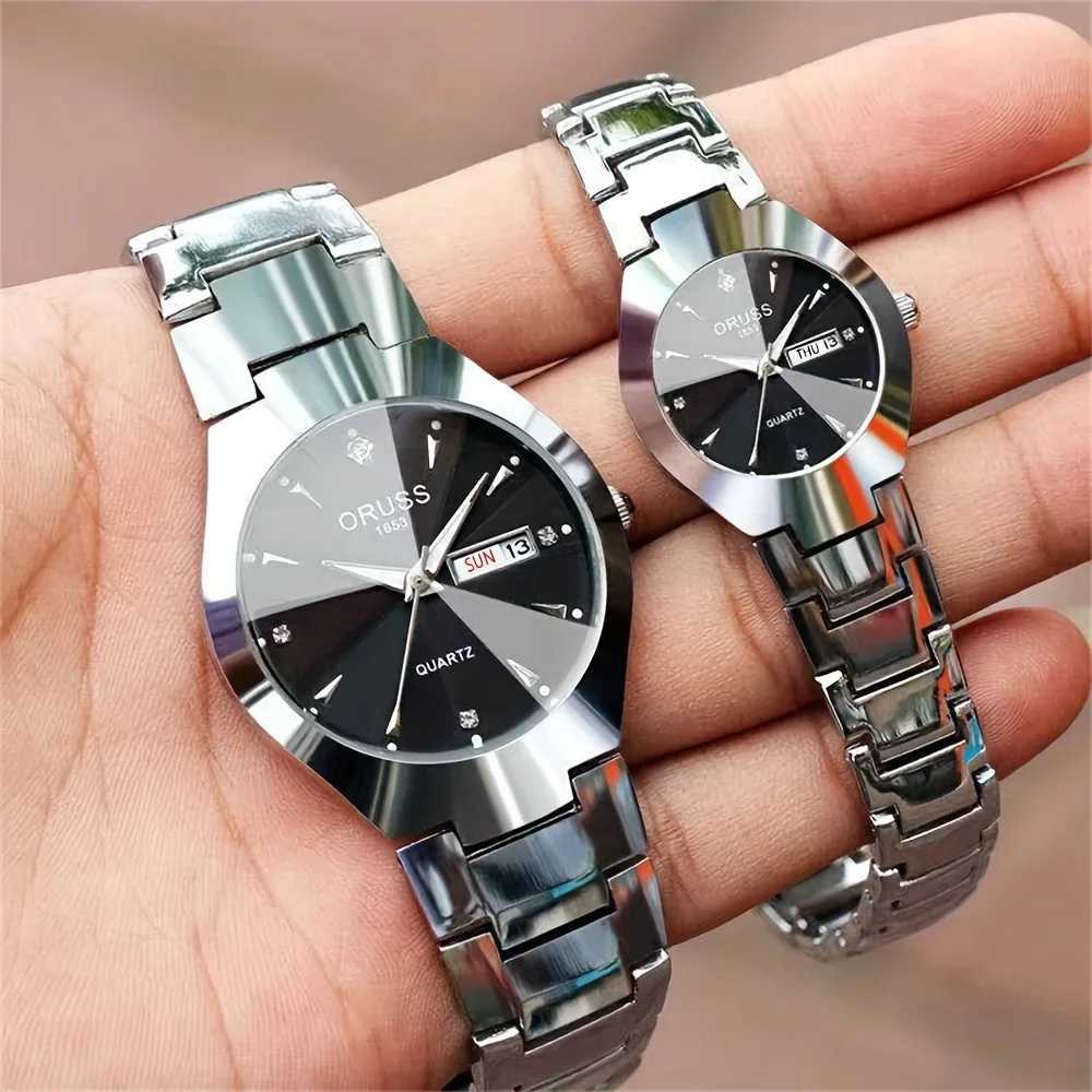 2pcs Couples Dial Cutting Quartz Business Fashion Analog Calendar Wrist Valentines Gift For Men Women Date W251031
