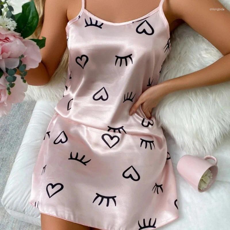 Women's Sleepwear S Women Sexy Sling Nightgown Lingerie Silk Satin Floral Pinting Nightdress Homewear Mini Dress
