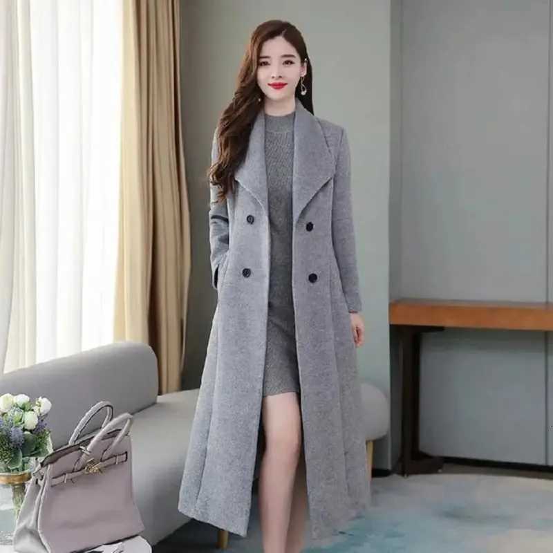 British Style Women Woolen Coat Elagant Suit Collar Double Breasted Waist Tight Long Woolen Cardigan MidCalf Length CardiganT251101