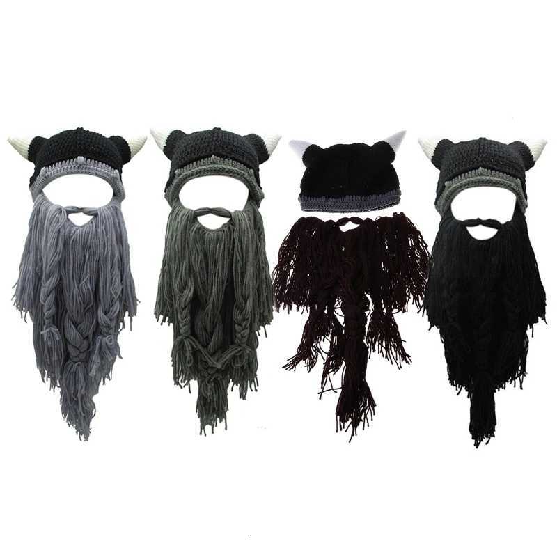 Funny Viking Beard Knit Beanie Hat Winter Warm Mask Cap for Creative Pirate Horn Hat for Halloween Cosplay Masquerade PaXJ251101