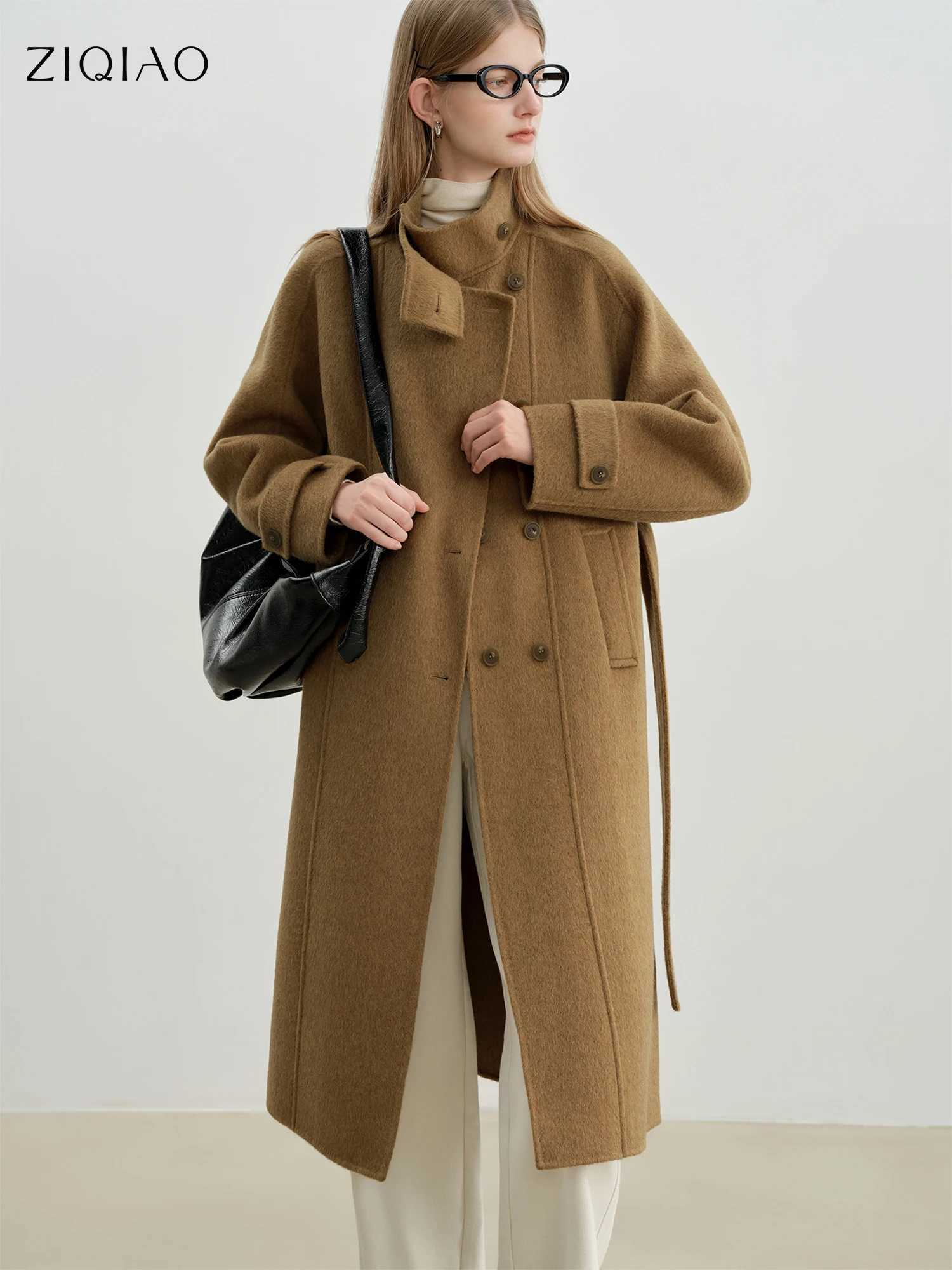 ZIQIAO Doublefront Stand Collar Wool Coat for Women 2025 Winter New Midlength Coat Temperament Elegant Vinatge French StyleT251101