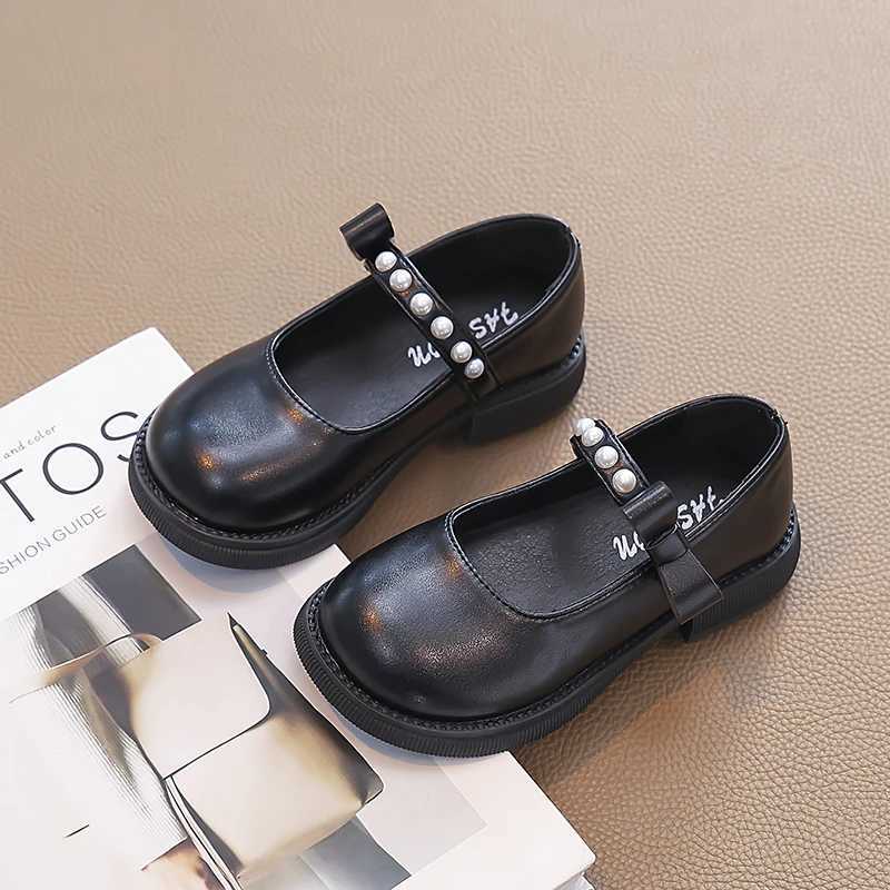 Beaded Strap Leather Shoes for Girls 2025 New Autumn Toddler Dress Shoes with Bow Soft Sole Elegant Girls School Mary Jane FlatsT251101