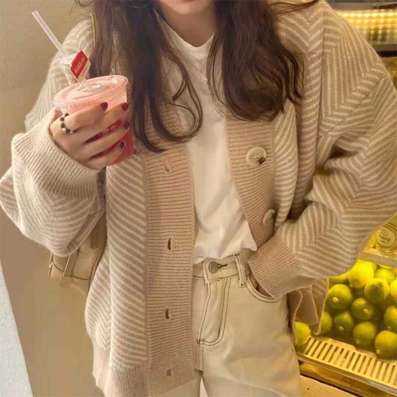 Janpanese Elegant VNeck Sweater Jacket Women Harajuku Stripe Knitting Cardigan Autumn Casual Loose Warm SingleBreasted TopsT251101