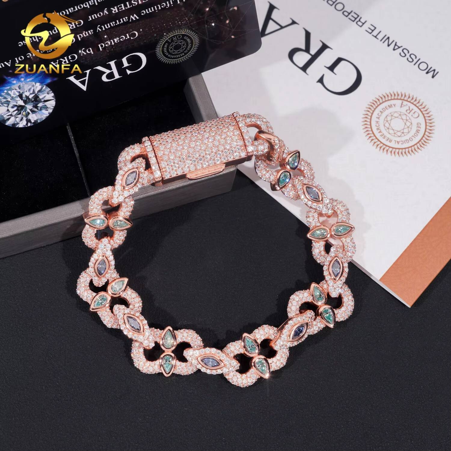 Fashion Color Moissanite Diamond Rapper Bracelet Hip Hop Jewelry Iced Out Unisex Moissanite Cuban Link Bracelet