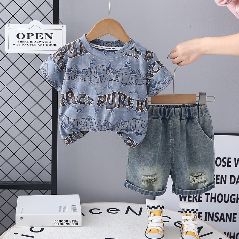 boys designer clothes 2025 Summer Boys Outfit Set Distressed T-shirt & Shorts 2 Piece Set Fashion Breathable Toddler Clothes