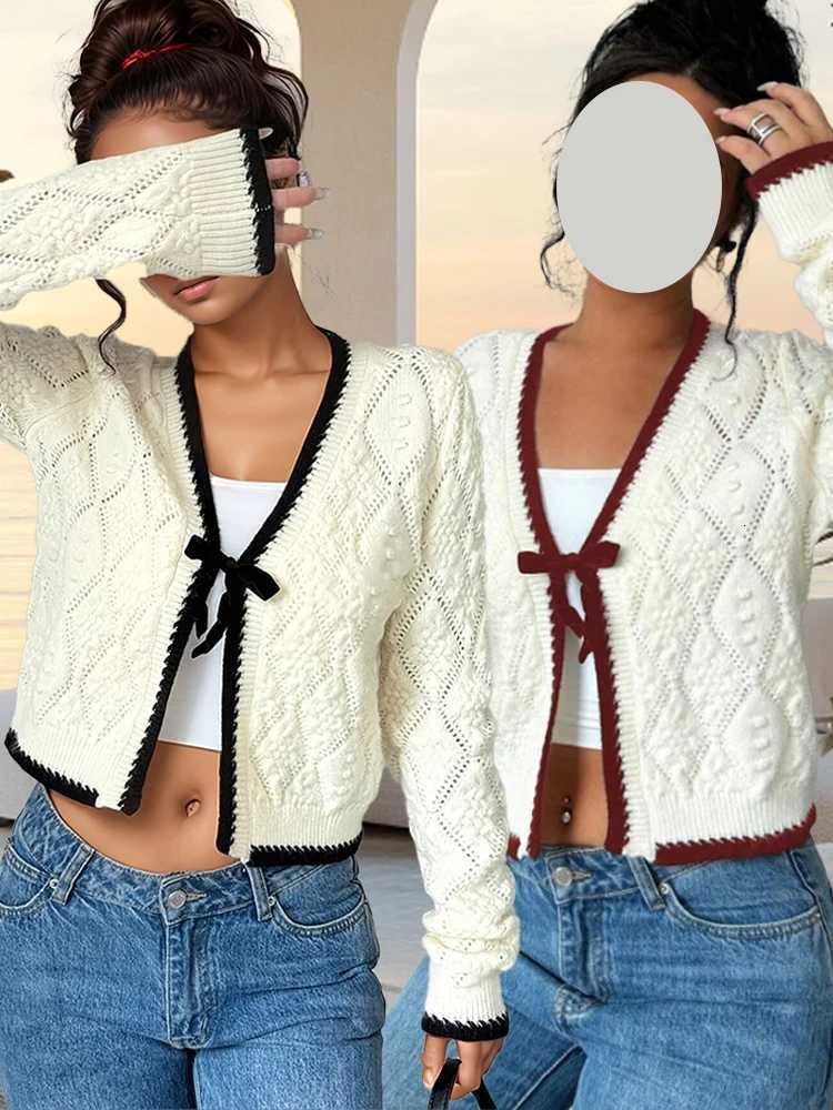 New Fashion Bow Tie Cardigan Sweater VNeck LongSleeved Knitwear Jacket Elegant Casual Womens Jacket Soft Beige Warm Loose TopT251101