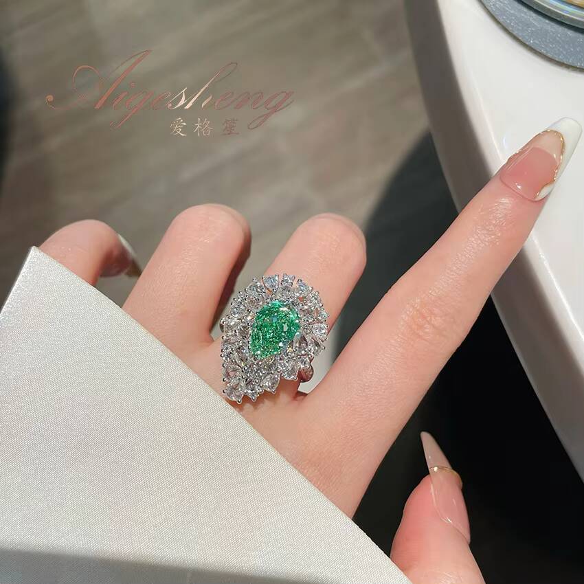 Aigesheng rare Natural Water Drop Green Diamond and Natural White Diamond with GIA Certificate 18K Real Gold Made Ring