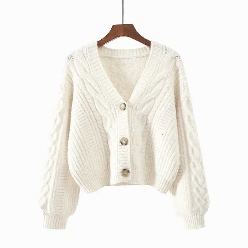 Korean Style Retro Loose Knitted Jackets New V Neck Twist Short Cardigan Sweater Elegant Office Coat Autumn Womens KnitwearT251101