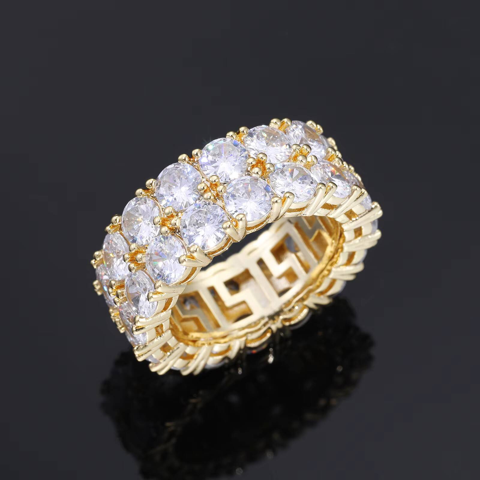 Fashion Hip Hop Jewelry Custom White Gold Plated Brass Paved 2 Rows 5A Zircon Engagement Bands Rings for Men
