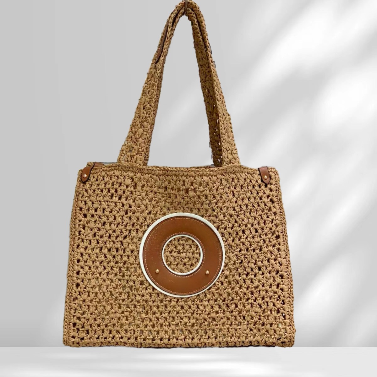 Brown and Beige Beach Cloth Shopping bag Tote Bag Canvas Linen Classic Striped Braid Quilted Chain Large Capacity Outdoor