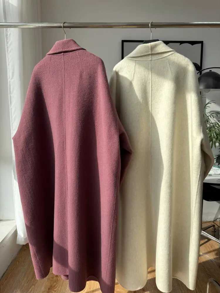 DoubleSided Barthrobe Office Lady Woolen Yark Hair Jackets 2025 Autumn And Winter Loose LaceUp Womens Long Wool CoatsT251101