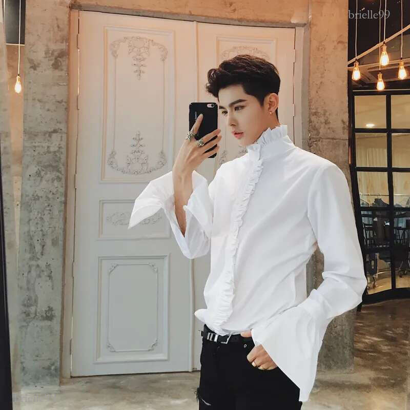 Mens Gothic Shirt Black And White Ruffle Shirt Spring Mens Casual Camisa Fashion Masculina Solid Wedding Gothic