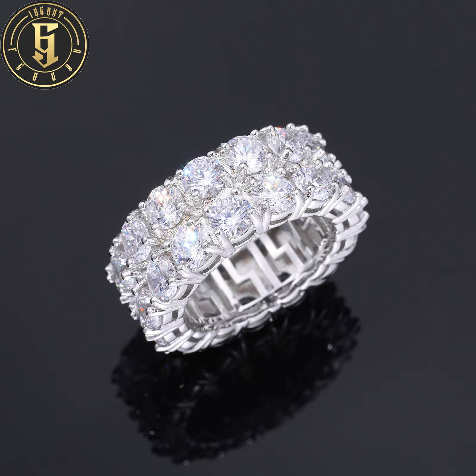 Fashion Hip Hop Jewelry Custom White Gold Plated Brass Paved 2 Rows 5A Zircon Engagement Bands Rings for Men
