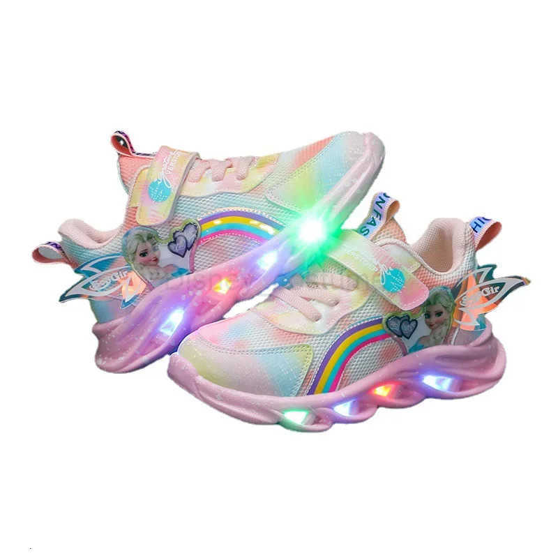 Disney Girls Casual Shoes Led Lights Mesh Breathable Childrens Sports Princess Elsa Pink Purple Shoes Sneakers Size 2237 H251101