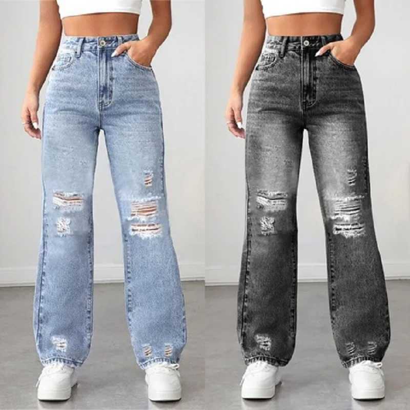 Women Straight Denim Jeans Ladies High Waist Ripped Hole Streetwear Baggy Pants J251031