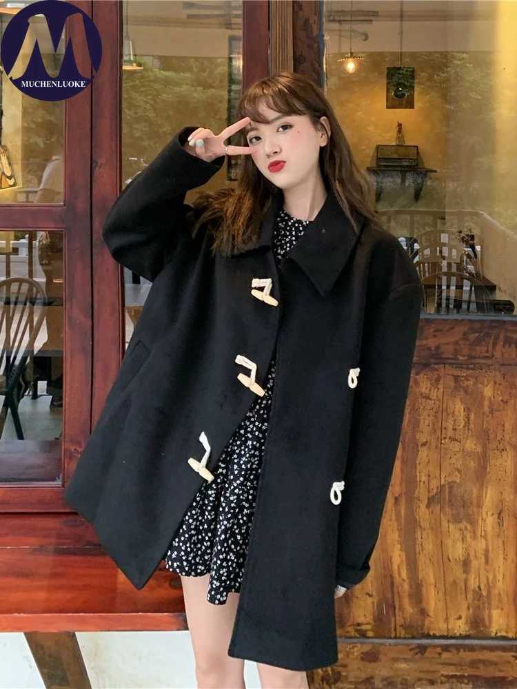 Womens Trench Coat Autumn Winter Long Sleeves Horn Button Medium Length Woolen Coats Korean Fashion Casual Loose Keep Warm CoatT251101