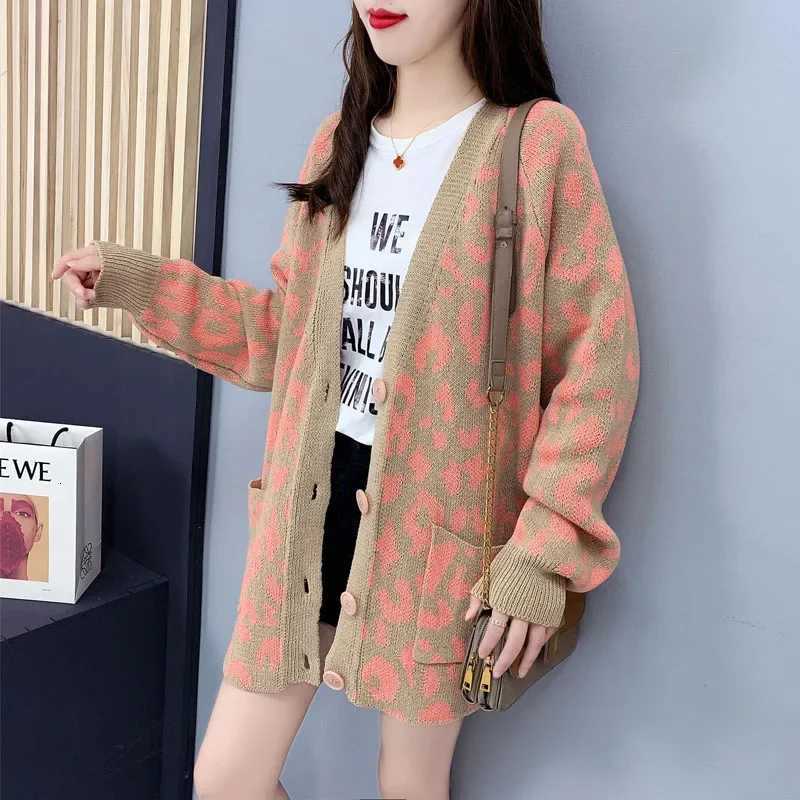 Vneck Printed Cardigan Loose Fashion Womens Sweater Coat Korean long Sleeve Pocket Knitted Autumn Winter New Casual ClothesT251101