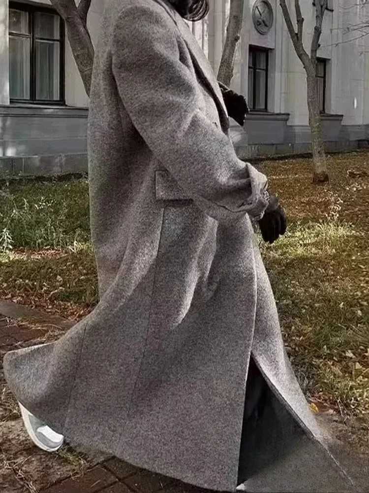 KONDALA Vintage Casual Chic Solid Women Overcoat Double Breasted Oversized Long Jackets Fashion 2025 Autumn Winter Thick CoatsT251101