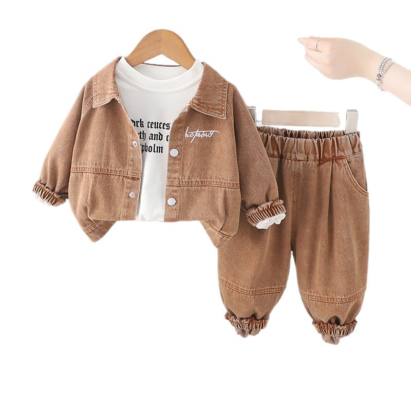 2025 Boys Denim Jacket Set 3-Piece Outfit with Letter Print Trendy Spring Fall Clothes for Kids