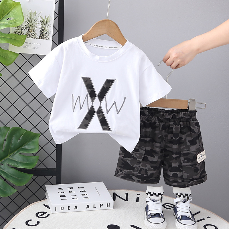 Boys Summer 2-Piece Set Embroidered Letter Print Short Sleeve Outfit Casual Toddler Clothes for 1-5T