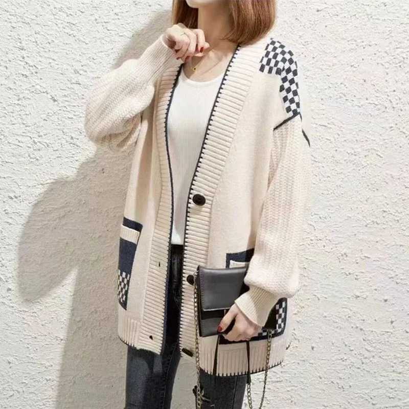 Autumn Winter Elegant Women Sweater Jackets Vneck Knitted Cardigan Long Sleeve Printed Casual Loose Coats Outwear ClothingT251101
