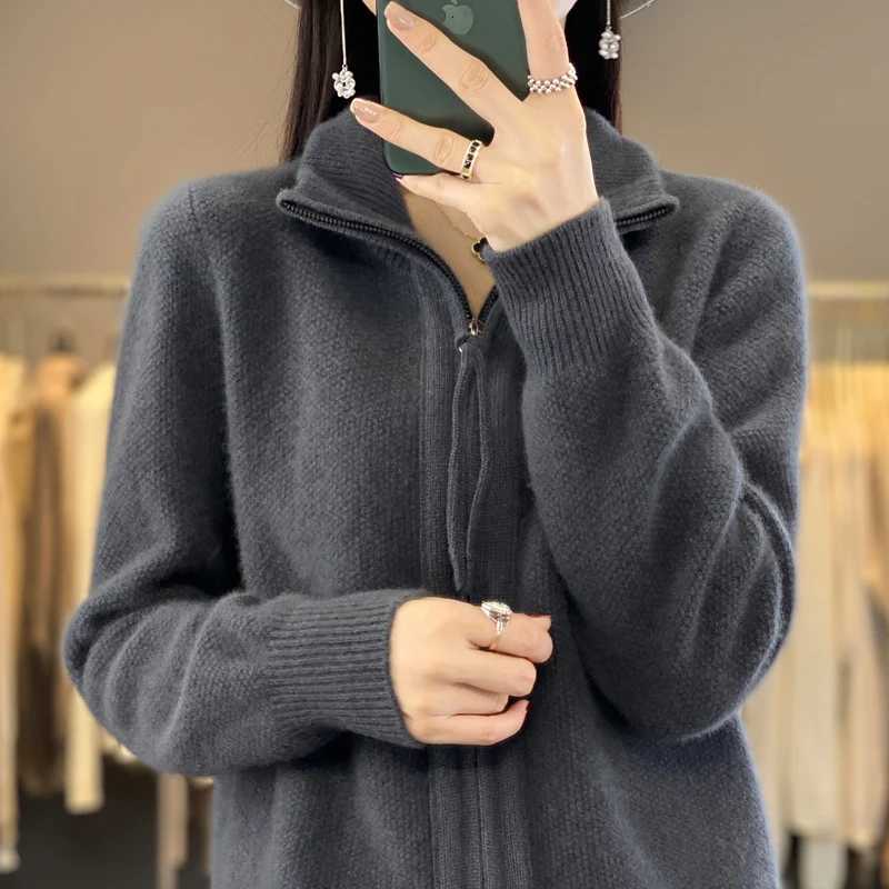 Autumn And Winter New Thick TwoWay Zipper Wool Cardigan Womens Loose Casual Sweater Solid Color Knitted Cashmere CoatT251101