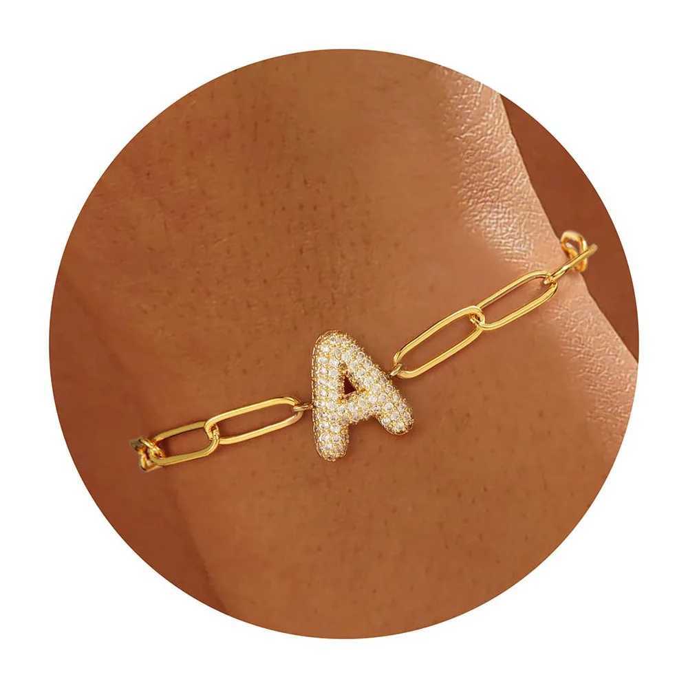 Punk Hip Hop Flash Rhine Stone Shaped Initial Letter Bracelet Stainless Steel Waterproof Zircon Bubble A-Z Letter Chain Bracelet Y250329